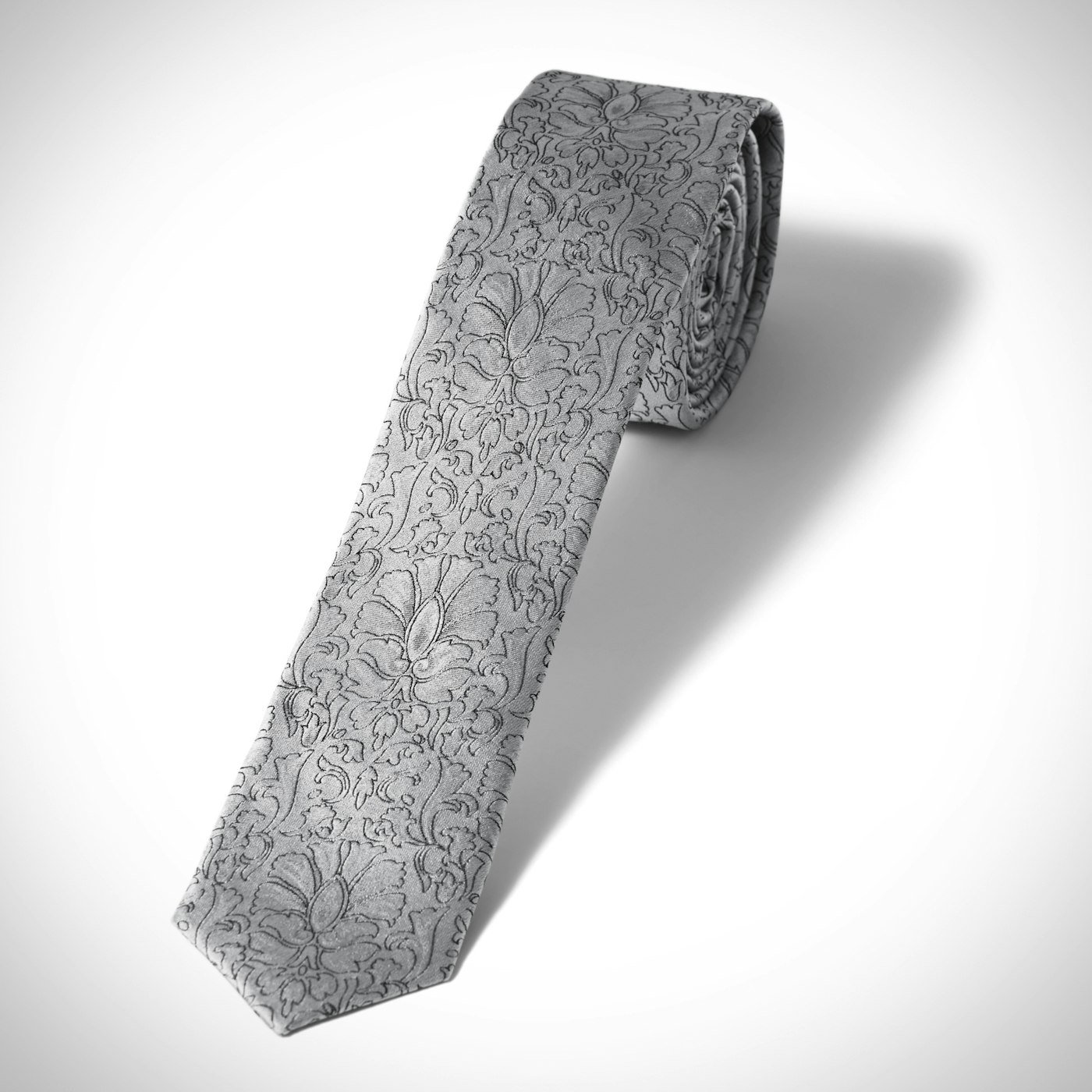 Skinny Silver Etched Floral Tie