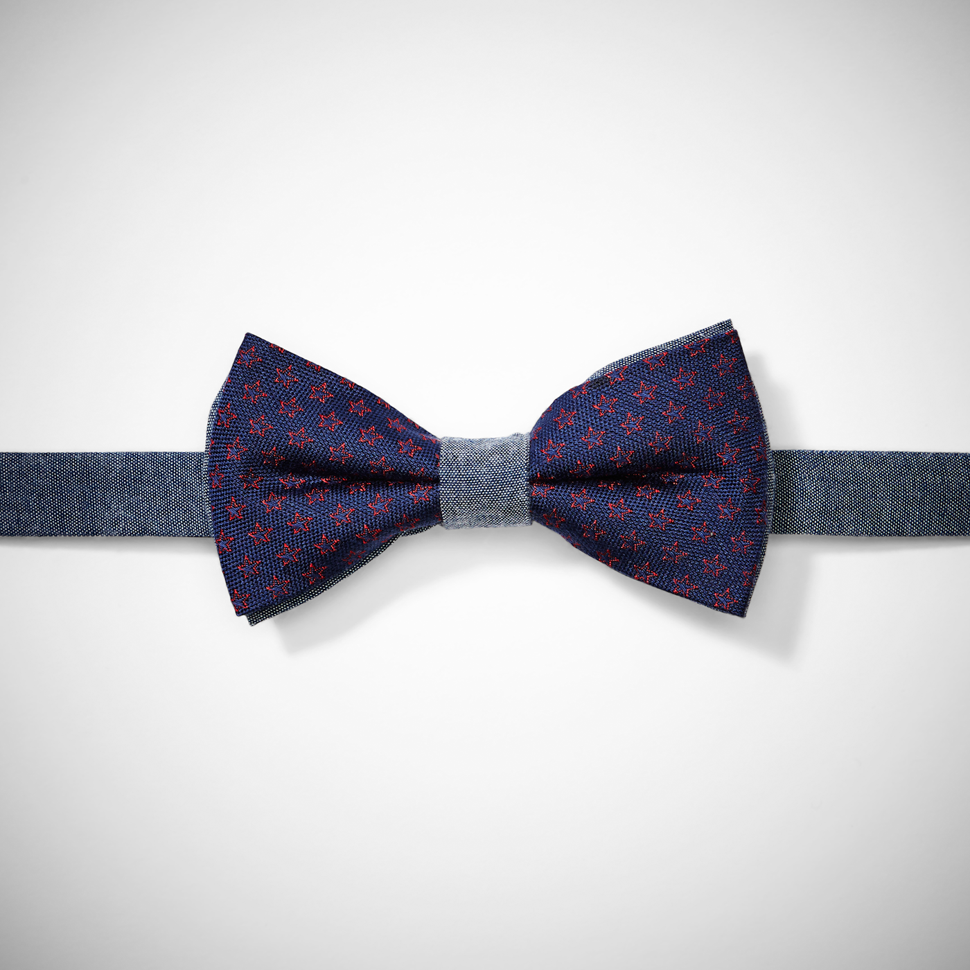Chambray Navy and Red Bow Tie With Stars