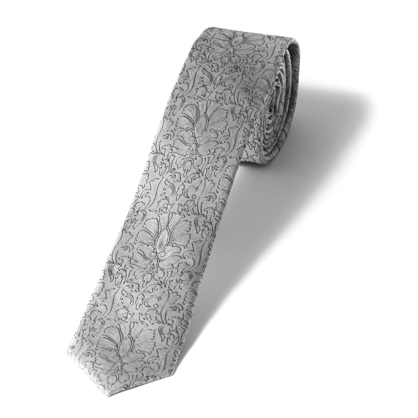 Skinny Silver Etched Floral Tie