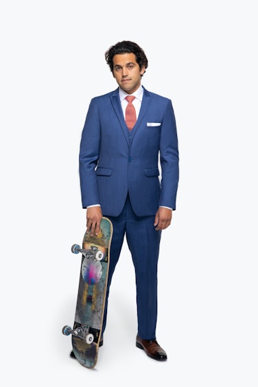 Paul Rodriguez in Generation Tux Blue Suit with Skateboard
