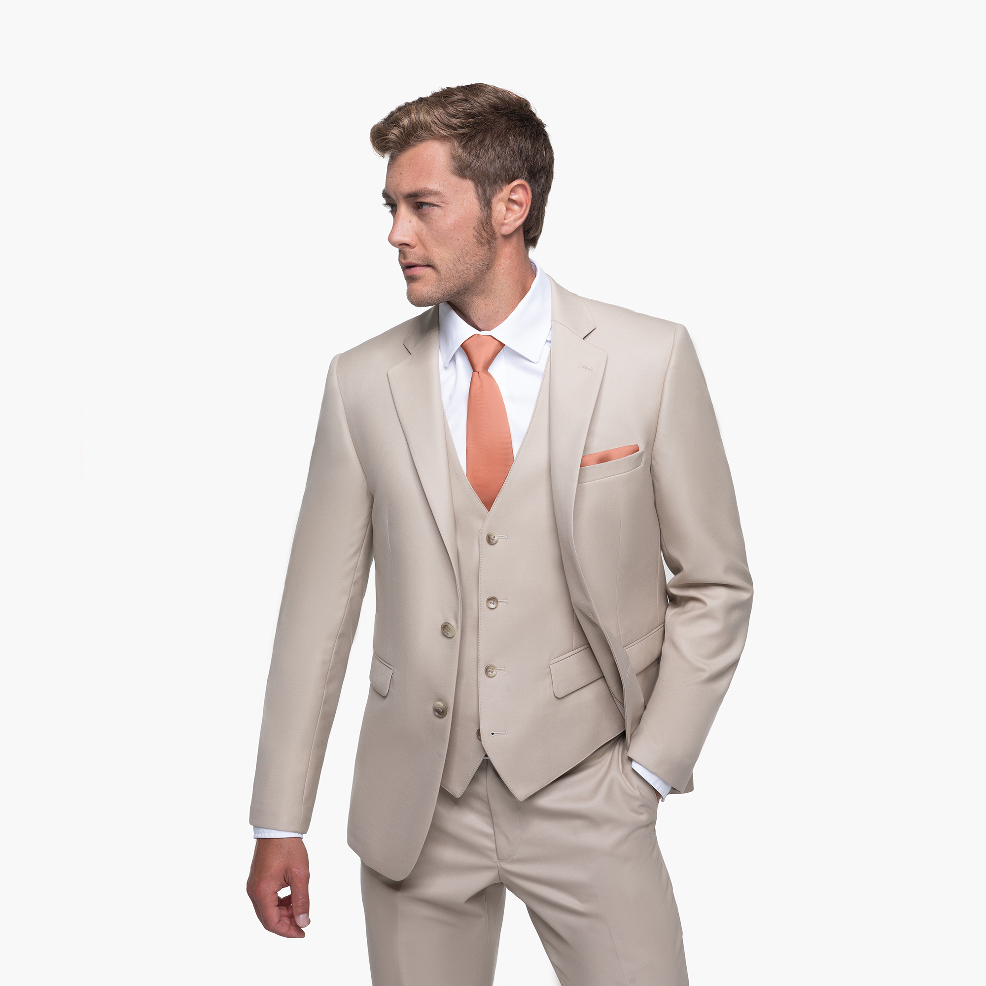 A man wearing our British Tan Suit