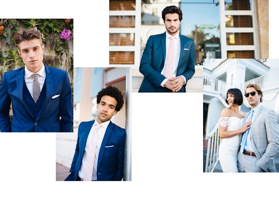 Grid of wedding photos featuring grooms wearing menguin suits and tuxes