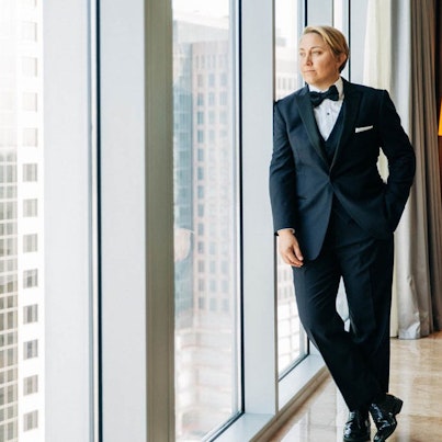 Maria Palladino,co-founder and creative director of Equally Wed, wearing Generation Tux Tuxedo