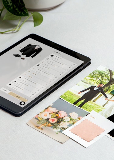 Tablet featuring Generation Tux look builder beside Generation Tux swatches and wedding planning items