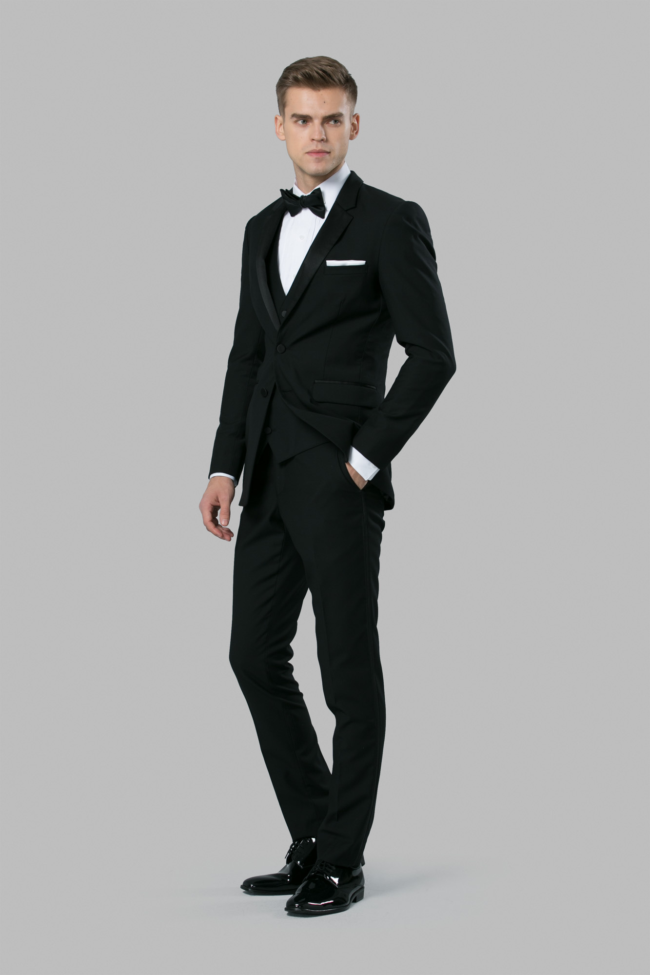 gray tux with black lapel