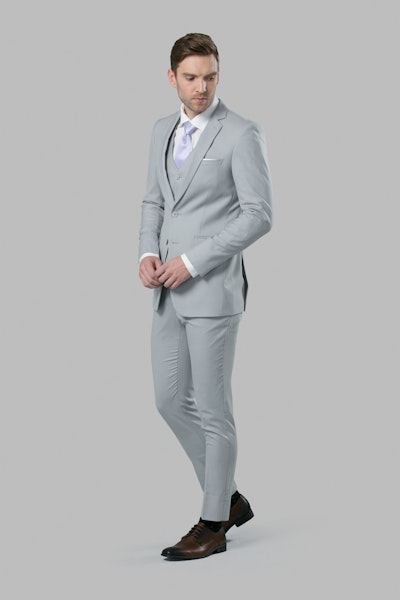 light grey suit with blue shirt