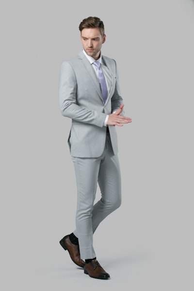 light grey suit with blue shirt