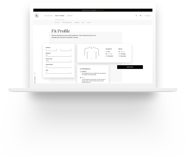 Generation Tux Fit Profile page views on a laptop.