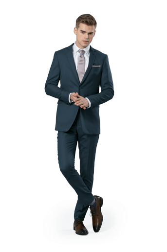 Slate Blue Notch Lapel suit with a gray tie and brown shoes worn in front of a white background.